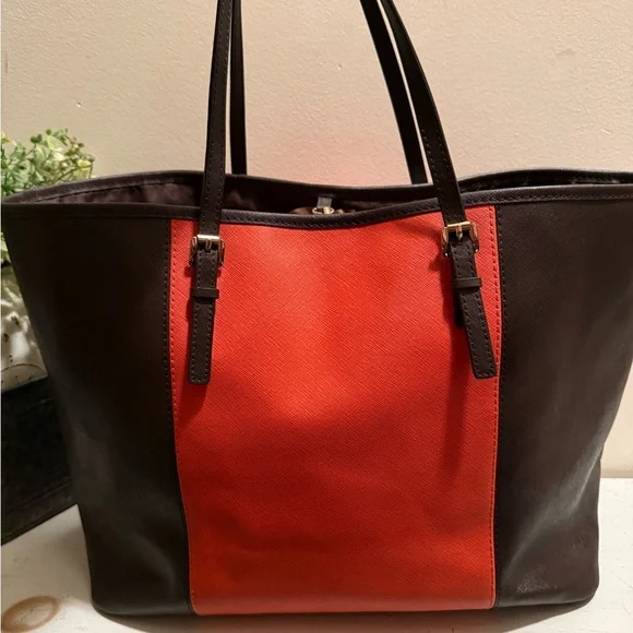 MICHAEL Kors Jet Set StripeTote saffiano leather orange-wallet Set EUC - Picture 2 of 14